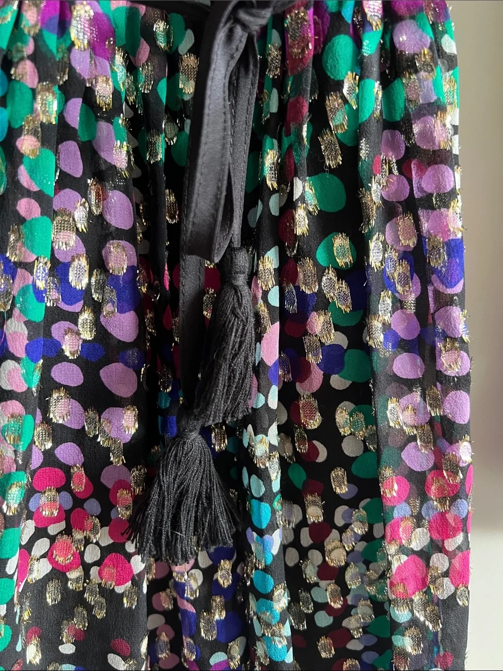 Like NEW! Kate Spade Black Multi Metallic Wrap Dress with fringe tie belt. 0.